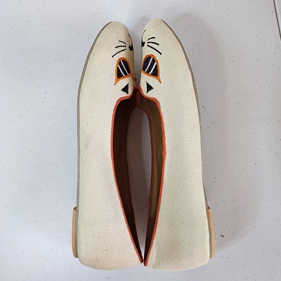 Cat Face Shoes Flats Womens 9.5 Kitten Embroidered Hot Polka Dot Cream Orange - Picture 6 of 10